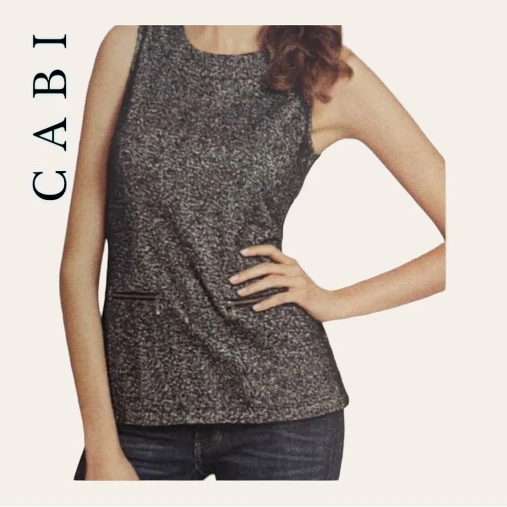 1138. CABI CECE‎ SLEEVELESS TOP BLACK HERRINGBONE TWEED ZIP POCKETS SIZE SMALL